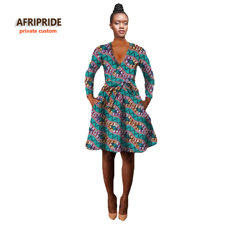 2018 여성 아프리카 드레스 봄 v-목 벨트 드레스 아프리카 섹시 한 드레스 여성을위한 전통적인 인쇄 옷 드레스 플러스 크기 a722515